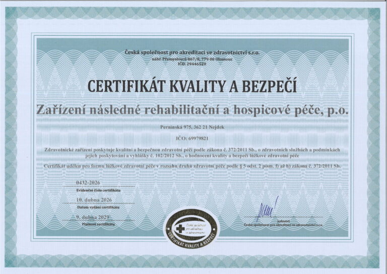 Naše zařízení získalo Certifikát kvality a bezpečí